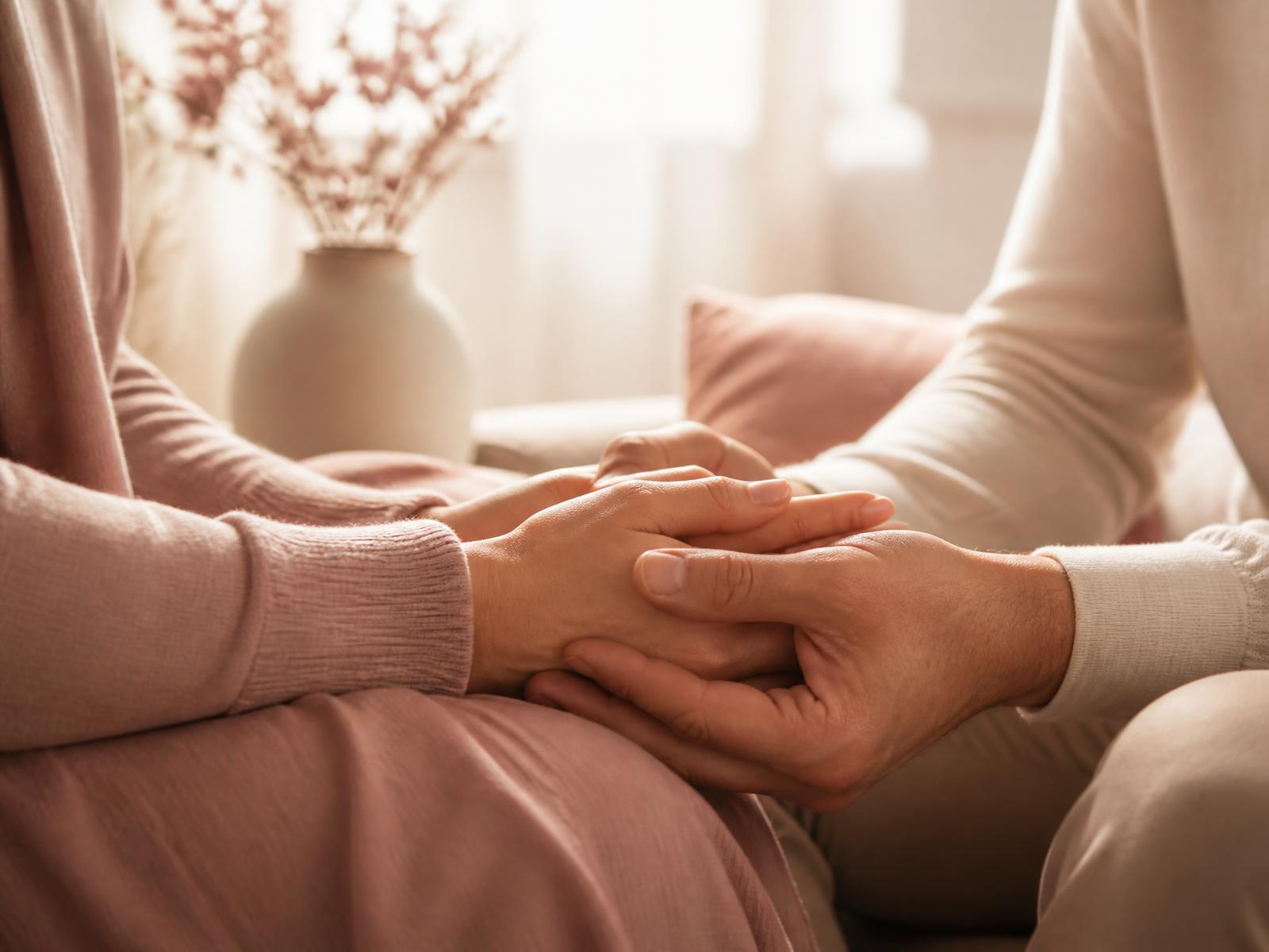 A couple holding hands during a fertility consultation